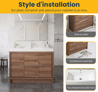 42" Walnut Freestanding Bathroom Vanity with White Polymarble Countertop