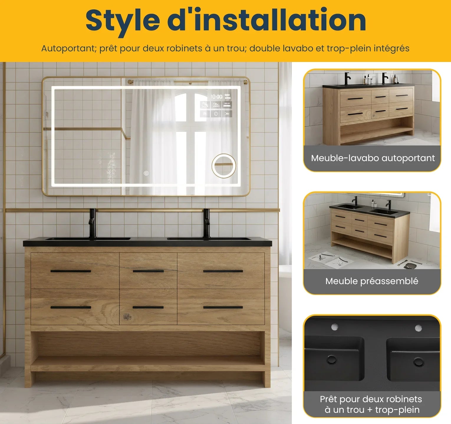 60" Rough Oak Freestanding Double Sink Bathroom Vanity with Black Engineered Quartz Countertop