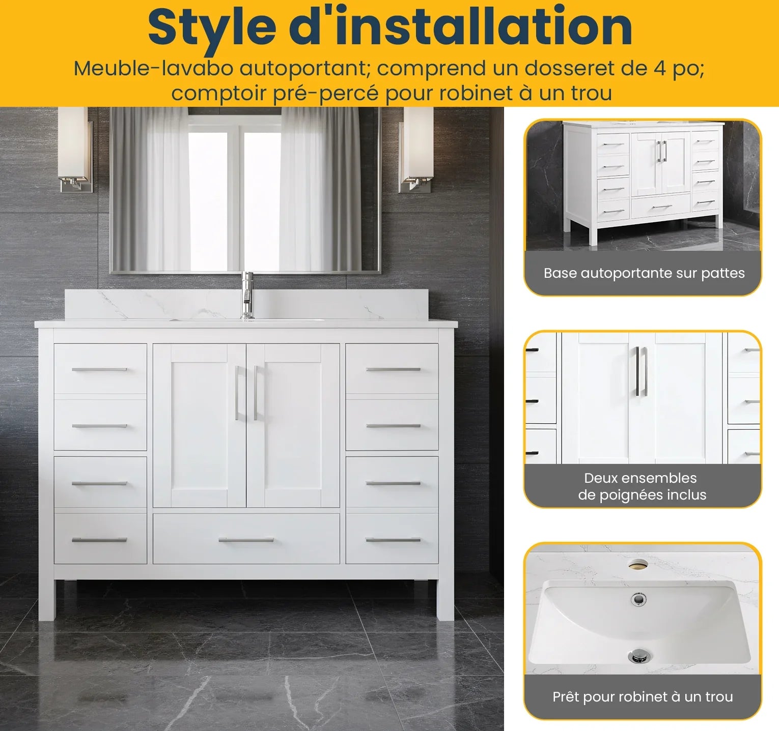 48" White Freestanding Bathroom Vanity with Engineered Calcutta Marble Countertop