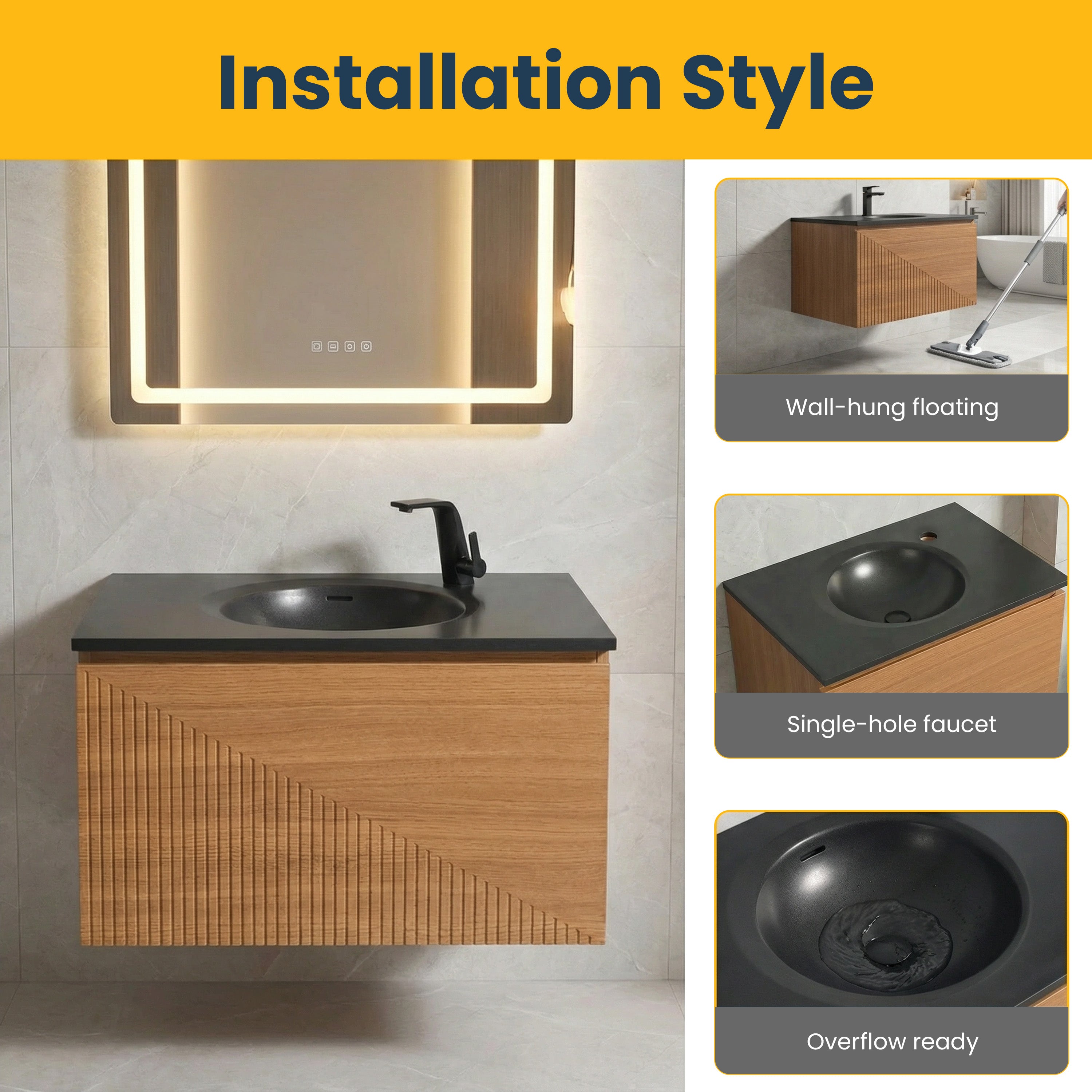 30" Light Oak Wall Mount Bathroom Vanity with Black Engineered Quartz Countertop