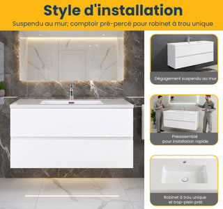 Meuble-Lavabo Mural 48po Blanc avec Comptoir de Polymarbre Blanc
