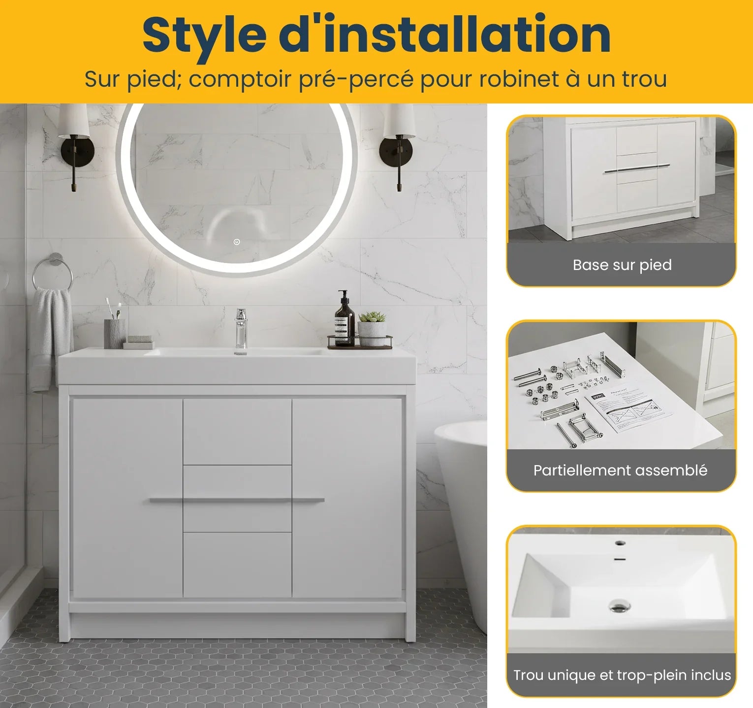 48" Glossy White Freestanding Single Sink Bathroom Vanity with White Polymarble Countertop