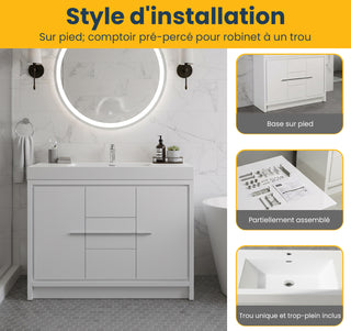 48" Glossy White Freestanding Single Sink Bathroom Vanity with White Polymarble Countertop