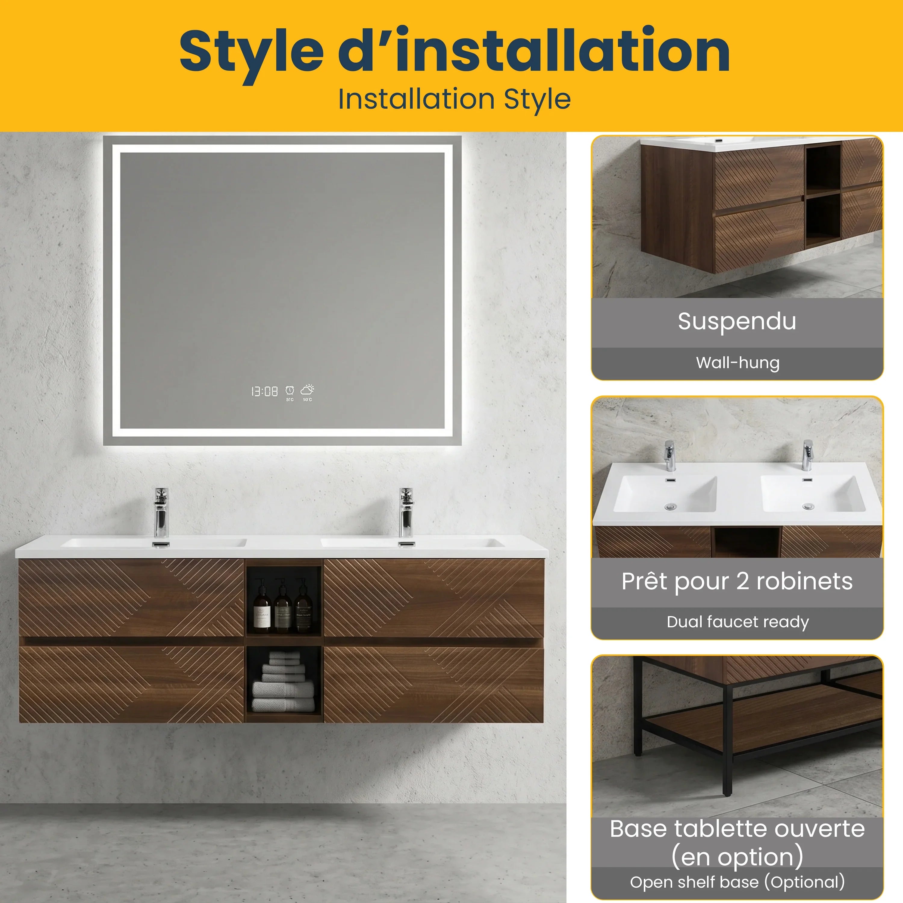 Meuble-Lavabo Mural 72po Noyer avec Comptoir de Polymarbre Blanc