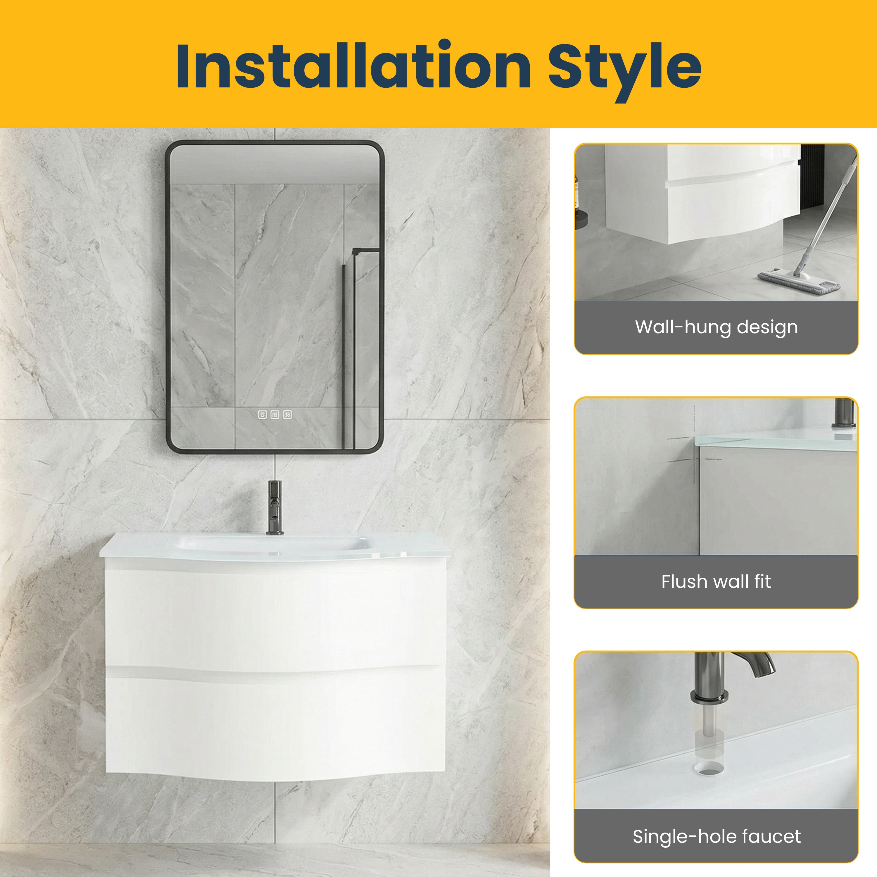 30" Matte White Wall Mount Single Sink Bathroom Vanity with White Glass Countertop