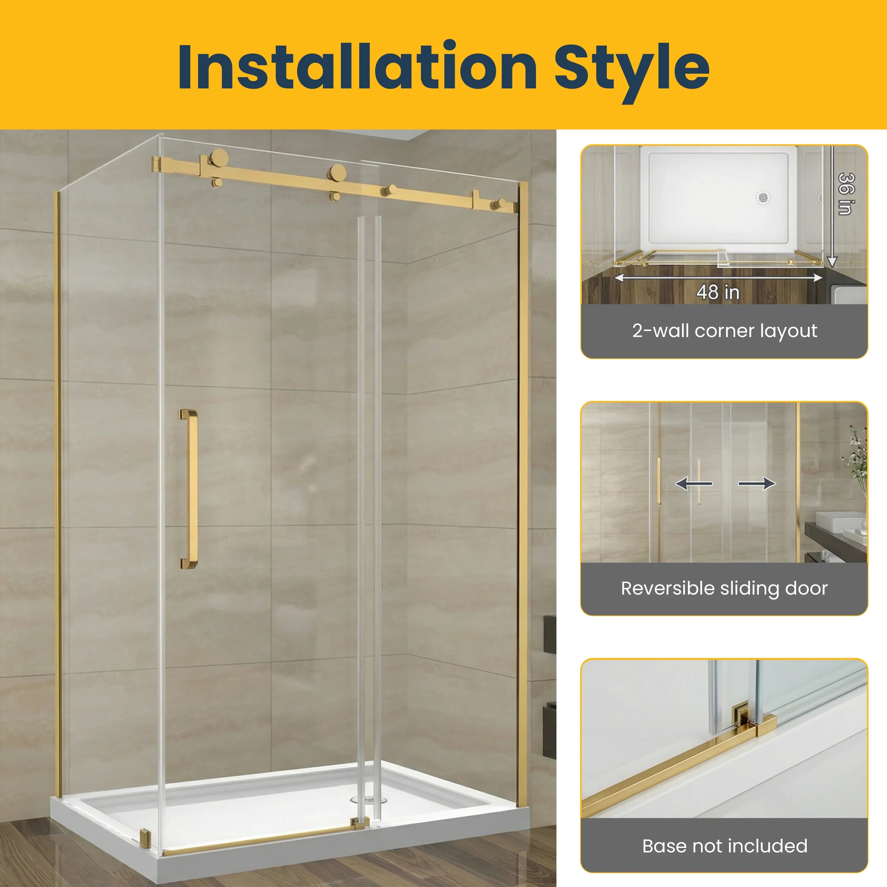 48" x 36" Brushed Gold Reversible Sliding Shower Door with 10mm Tempered Glass