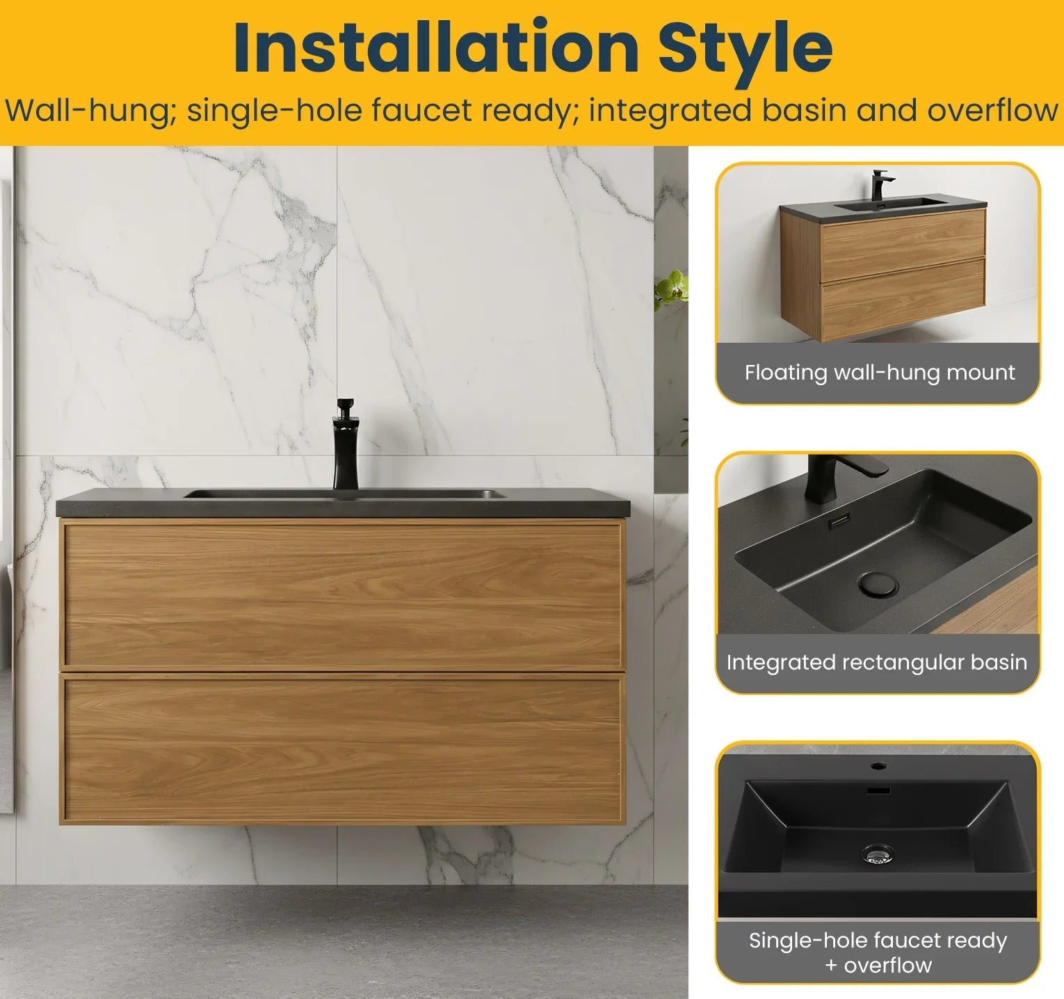 36" Honey Gold Walnut Wall Mount Bathroom Vanity with Black Engineered Quartz Countertop