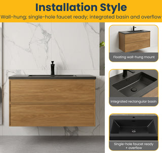 Meuble-Lavabo Mural 36po Noyer Miel Doré avec Comptoir de Quartz d'ingénierie Noir