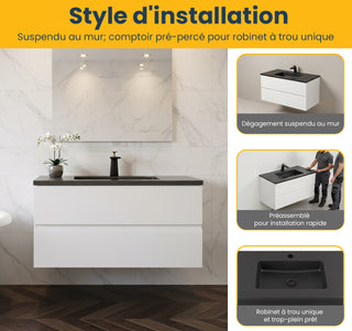 40" White Wall Mount Bathroom Vanity with Black Engineered Quartz Countertop