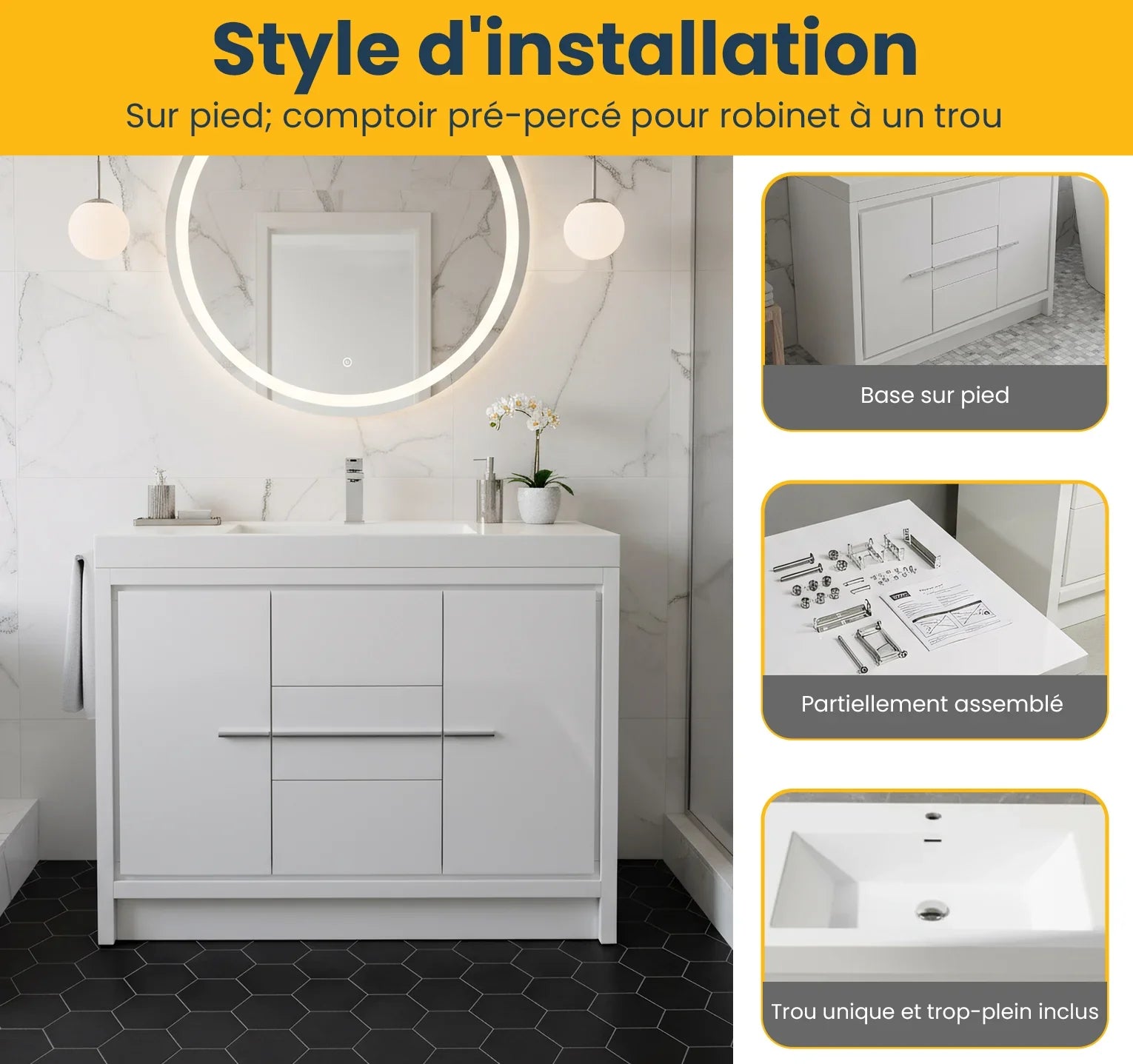 Meuble-Lavabo Autoportant 42po Blanc Brillant avec Comptoir de Polymarbre Blanc 