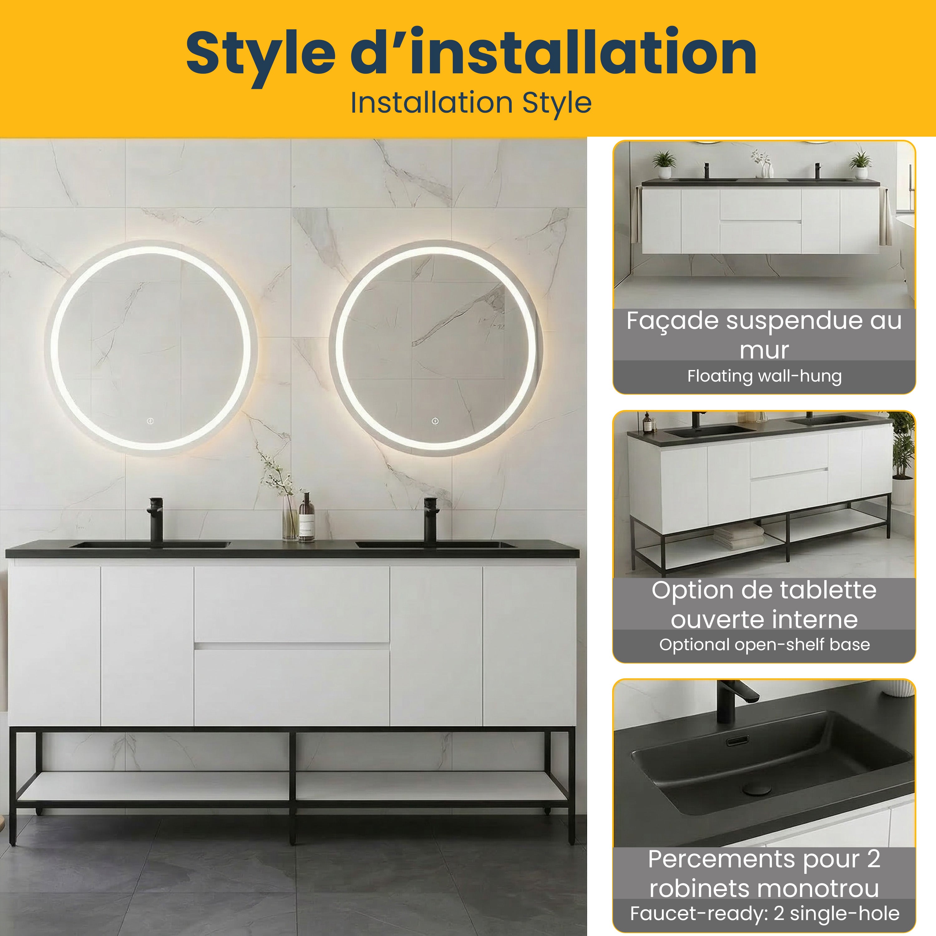 Meuble-Lavabo Mural 72po Blanc avec Comptoir de Quartz d'ingénierie Noir