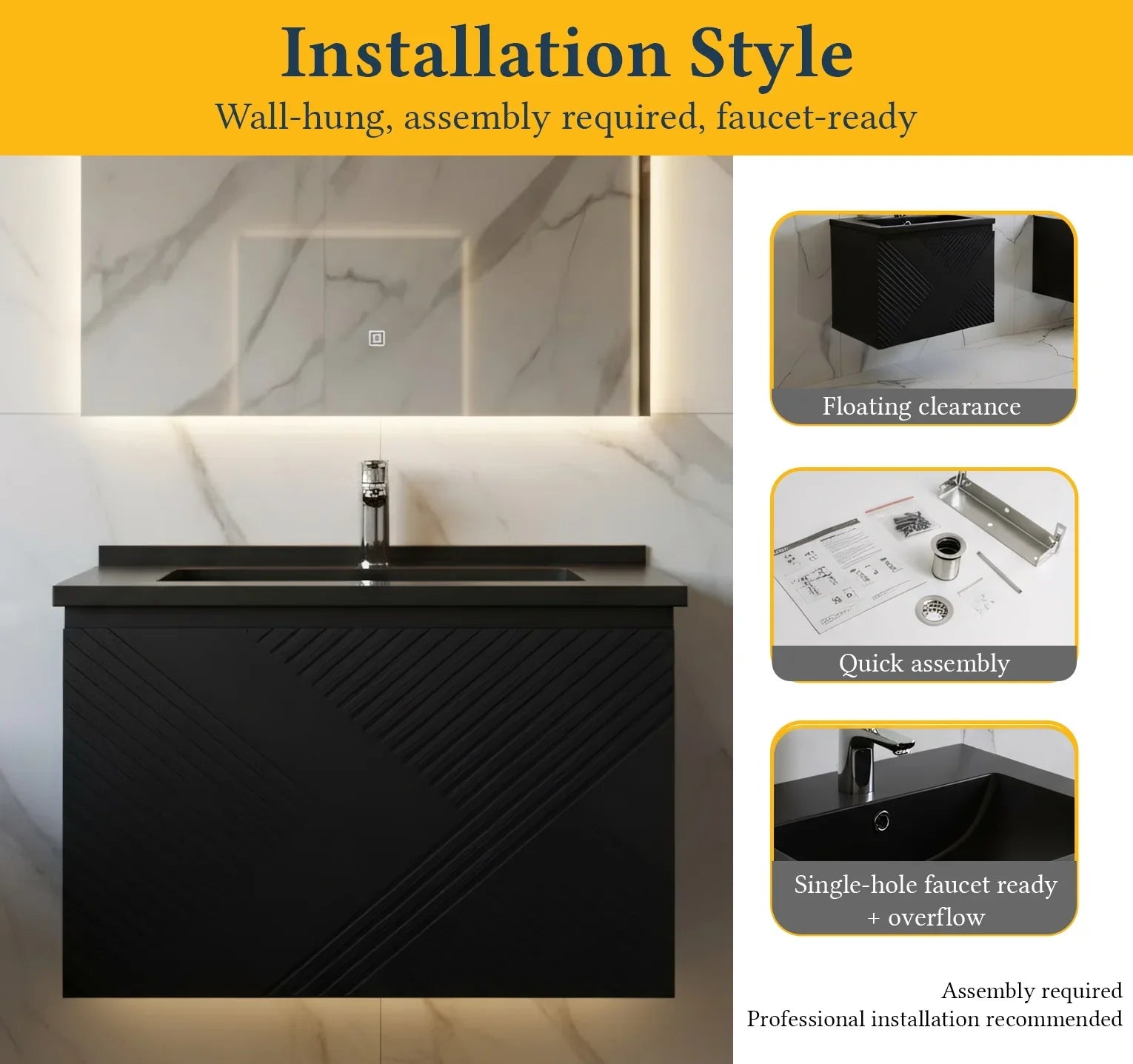 Meuble-lavabo mural noir 36" avec Comptoir en quartz noir conçu Roxboro
