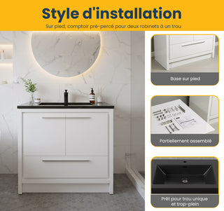 36" Glossy White Freestanding Bathroom Vanity with Black Engineered Quartz Countertop