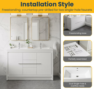 48" Glossy White Freestanding Double Sink Bathroom Vanity with White Polymarble Countertop