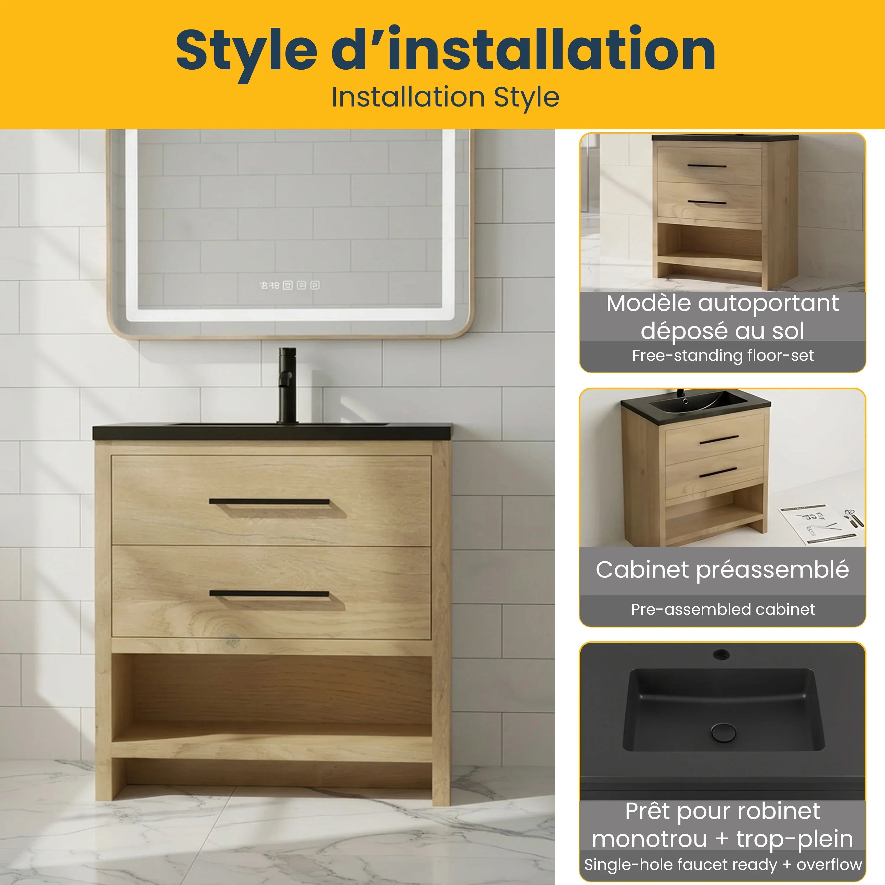 36" Rough Oak Freestanding Bathroom Vanity with Black Engineered Quartz Countertop