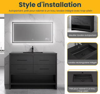 48" Black Rough Oak Freestanding Bathroom Vanity with Black Engineered Quartz Countertop