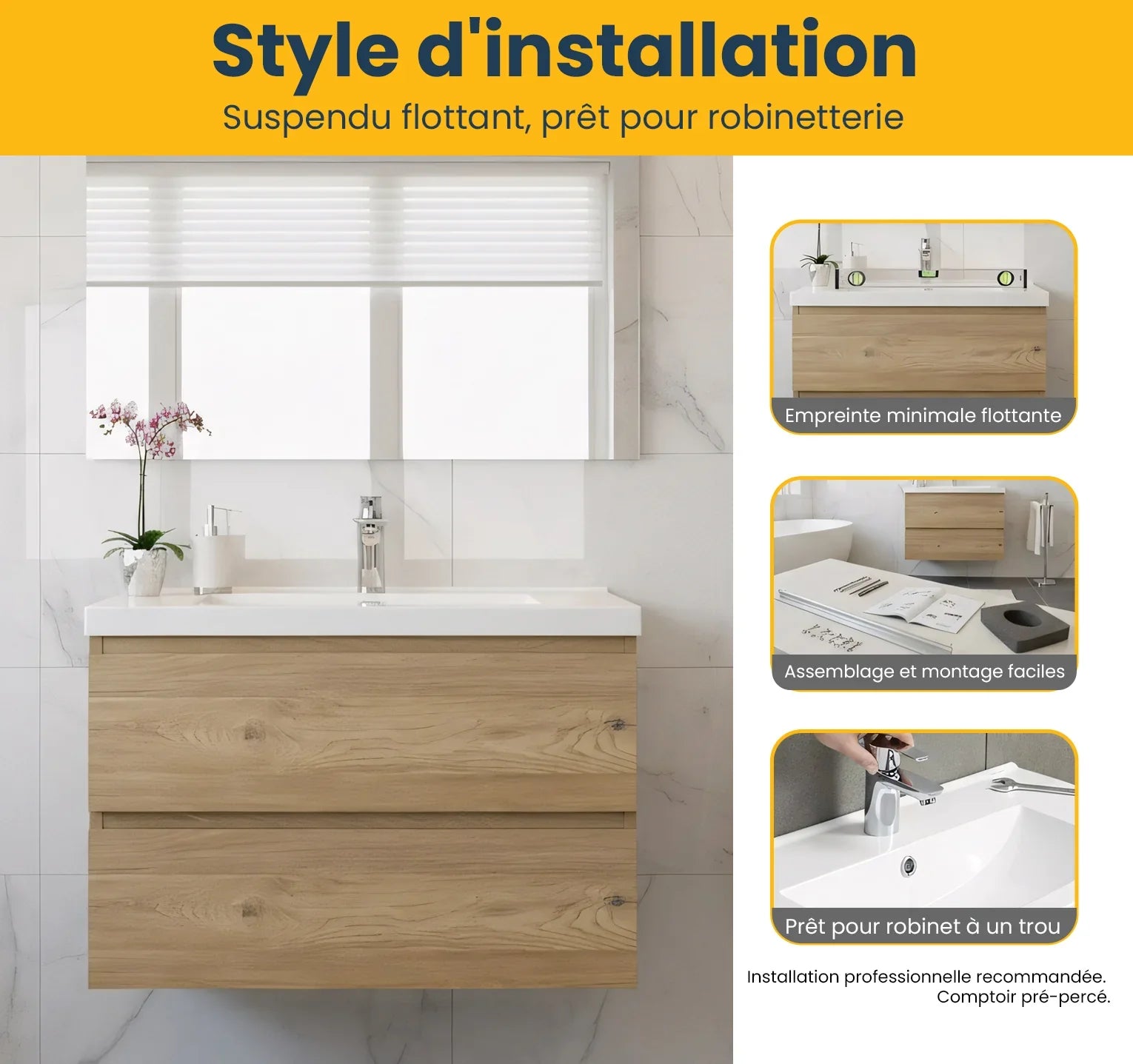 30" Rough Oak Wall Mount Bathroom Vanity with White Polymarble Countertop