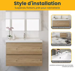 Meuble-lavabo mural de salle de bain en chêne brut 30" avec Comptoir en polymarbre blanc