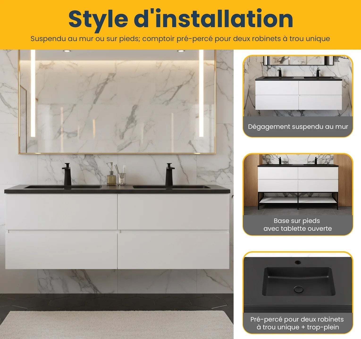 60" White Wall Mount Double Sink Bathroom Vanity with Black Engineered Quartz Countertop