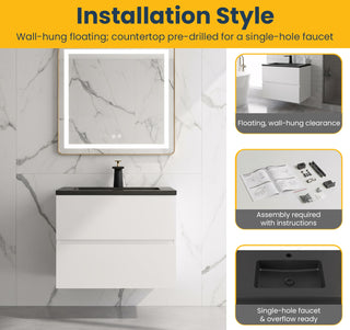 Meuble-lavabo mural blanc 24" avec Comptoir en quartz noir reconstitué