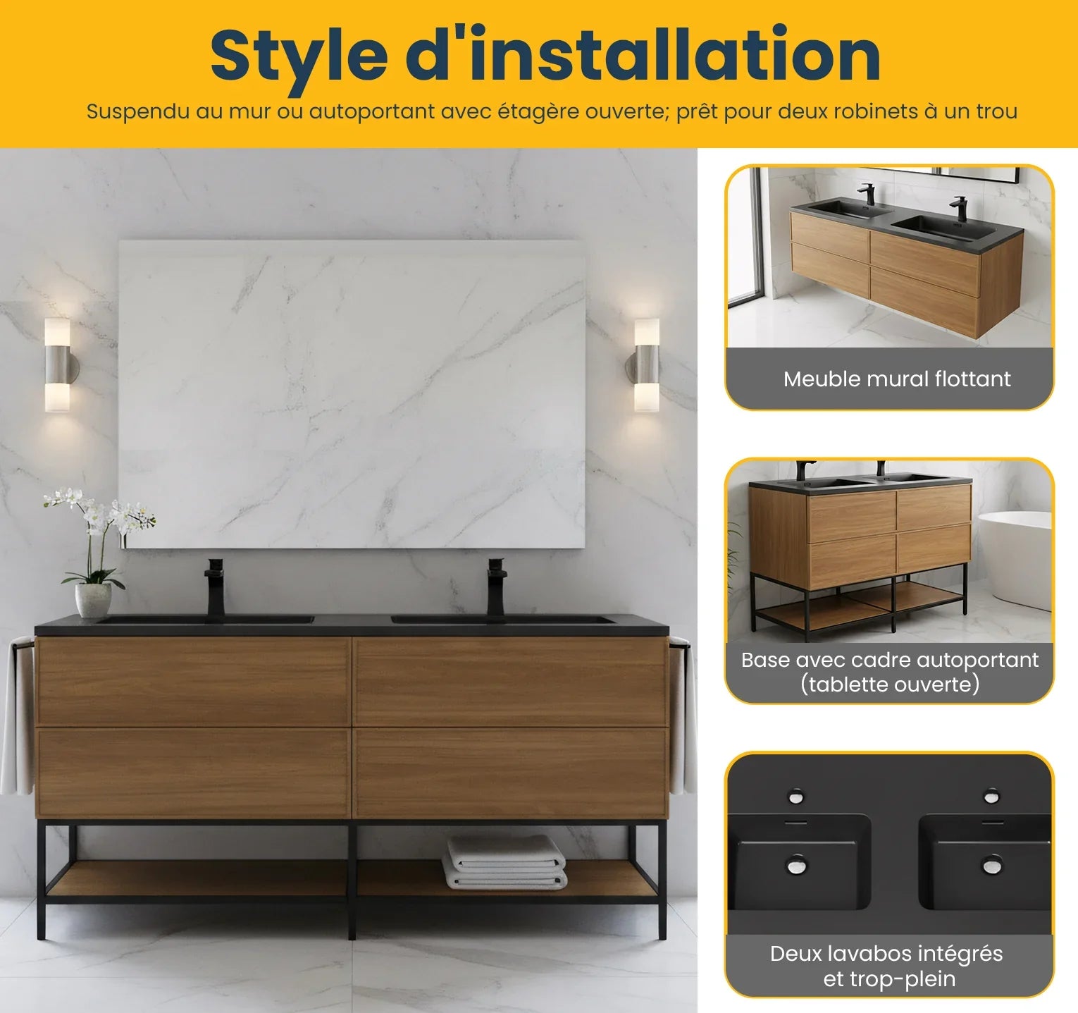 60" Honey Gold Walnut Wall Mount Double Sink Bathroom Vanity with Black Engineered Quartz Countertop
