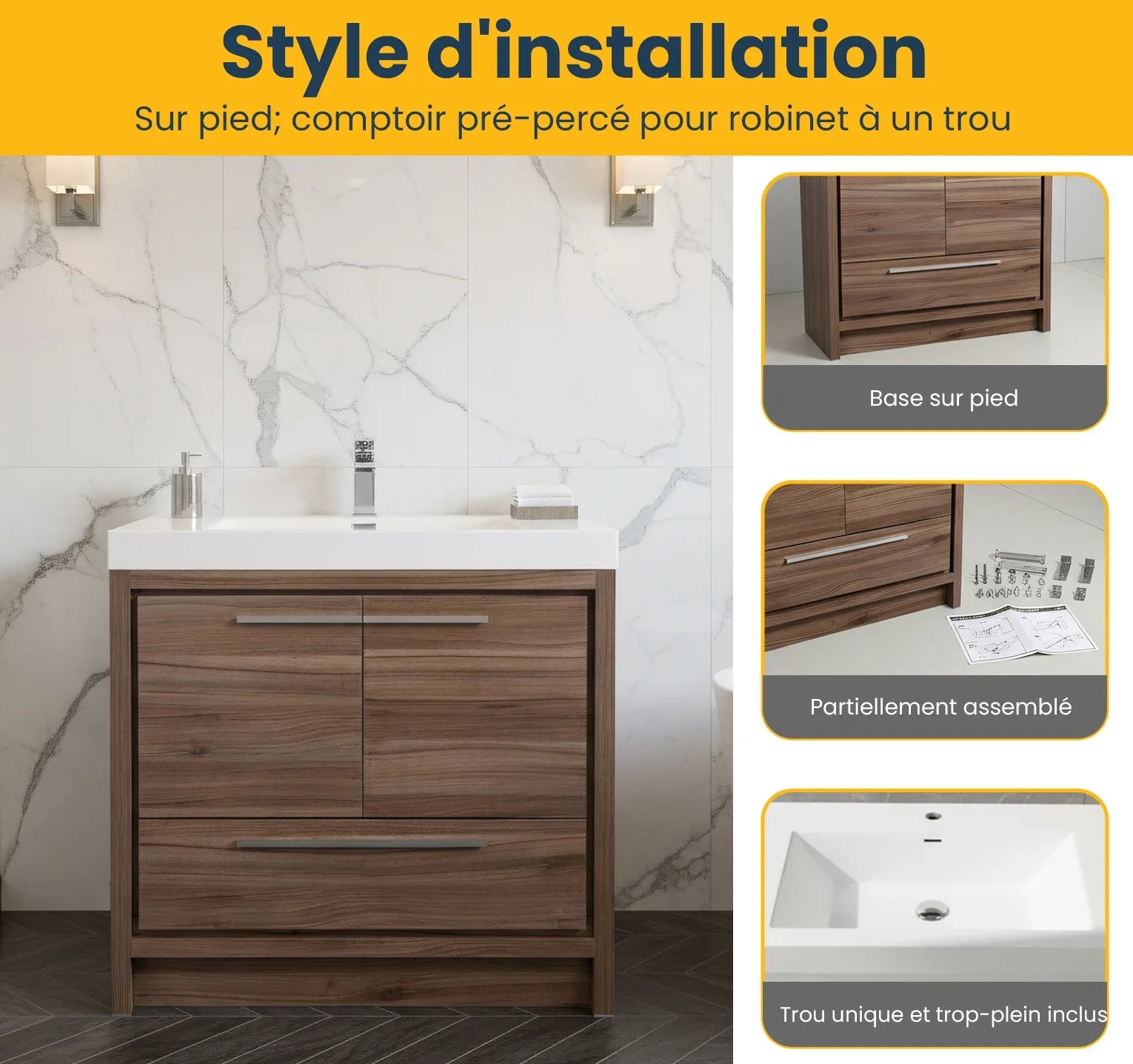 36" Walnut Freestanding Bathroom Vanity with White Polymarble Countertop