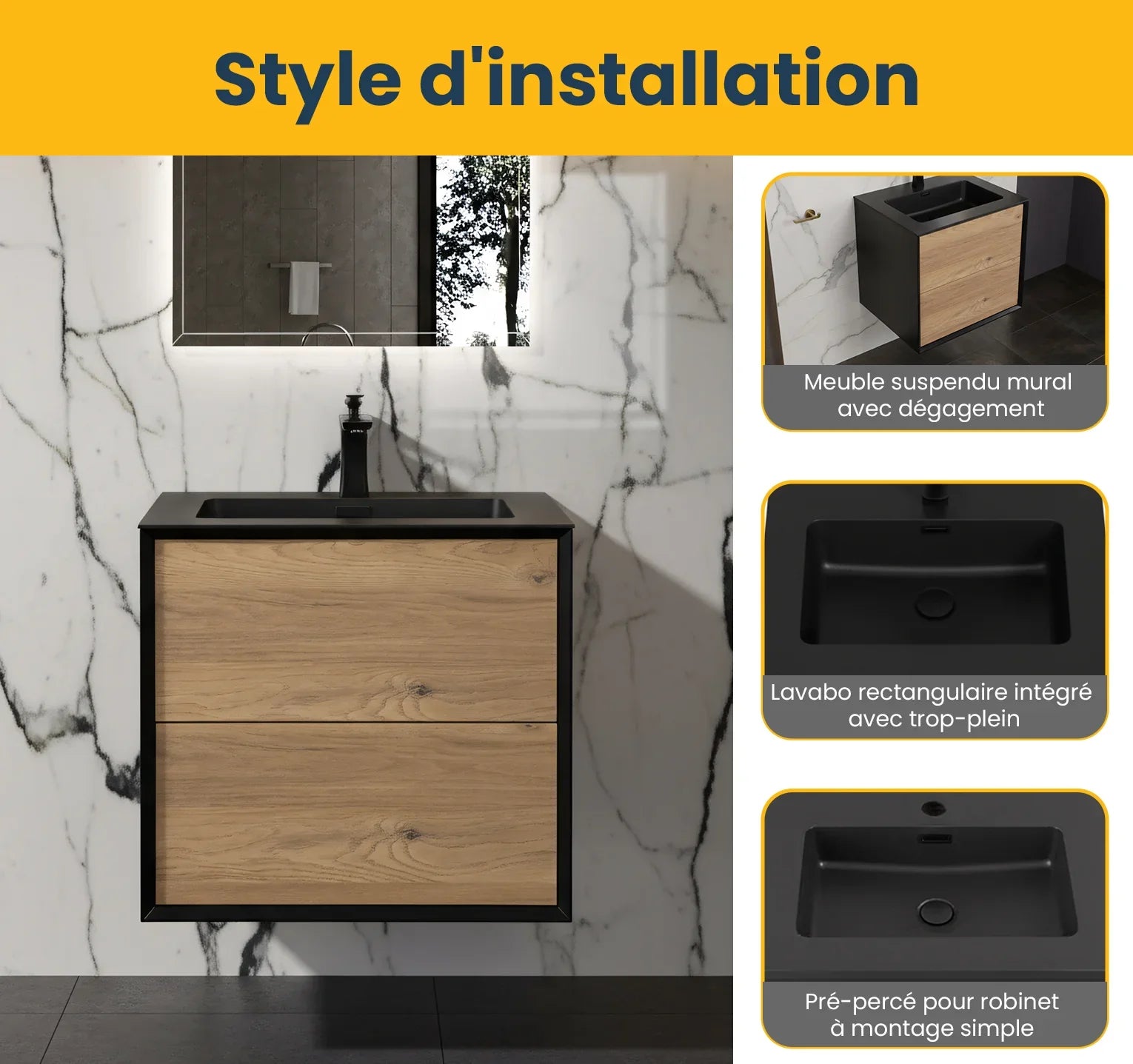 24" Black & Rough Oak Wall Mount Bathroom Vanity with Black Engineered Quartz Countertop