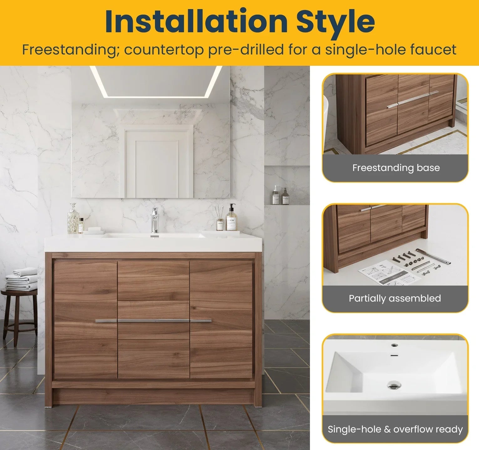 42" Walnut Freestanding Bathroom Vanity with White Polymarble Countertop