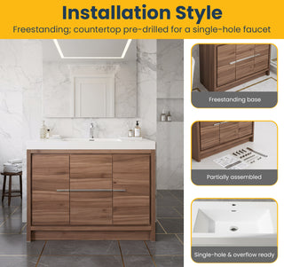 42" Walnut Freestanding Bathroom Vanity with White Polymarble Countertop