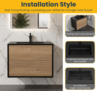 30" Black & Rough Oak Wall Mount Vanity with Black Engineered Quartz Countertop