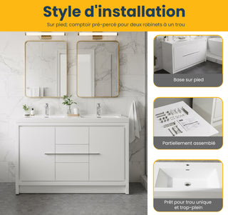 48" Glossy White Freestanding Double Sink Bathroom Vanity with White Polymarble Countertop