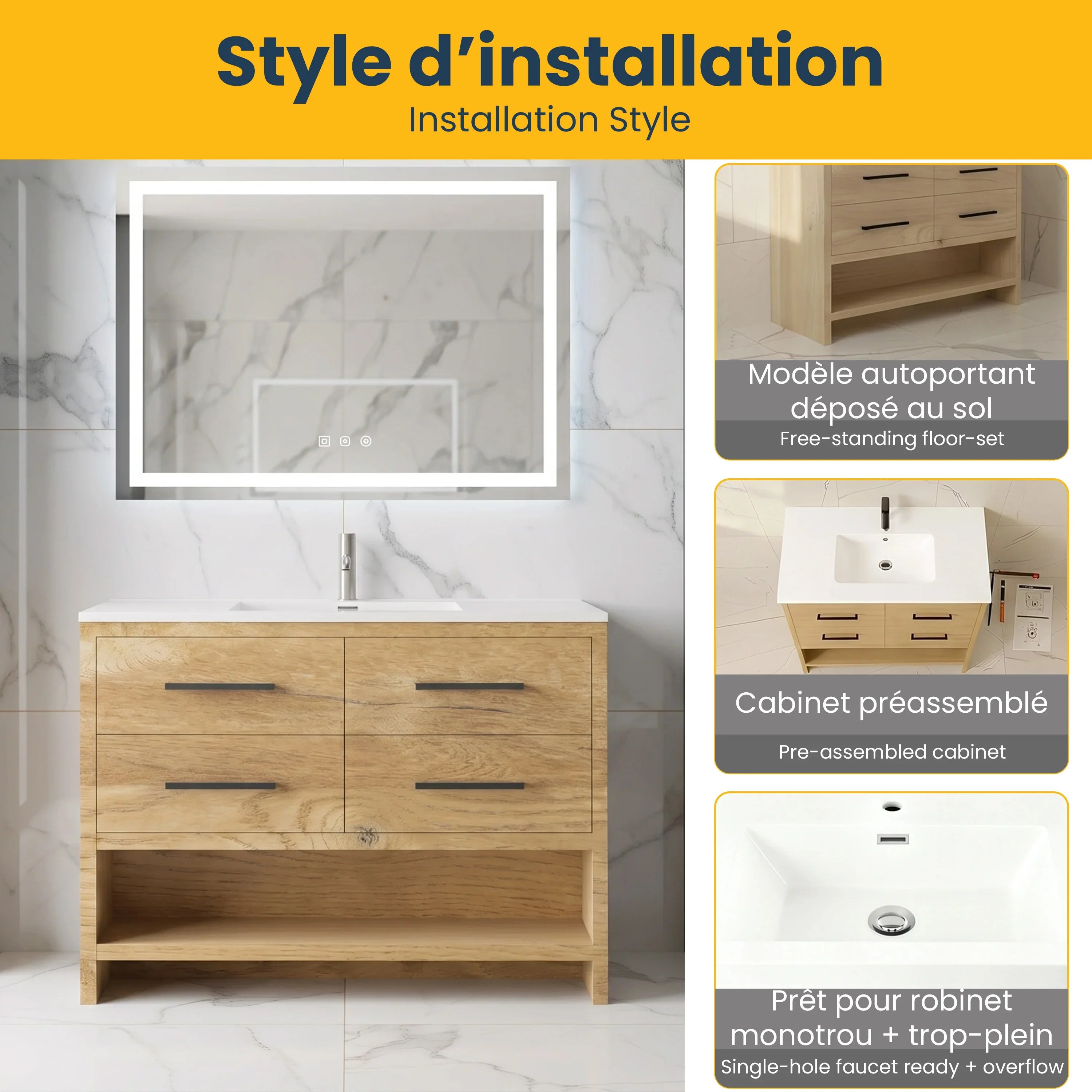 Meuble-lavabo autoportant en chêne brut de 48" avec Comptoir en polymarbre blanc
