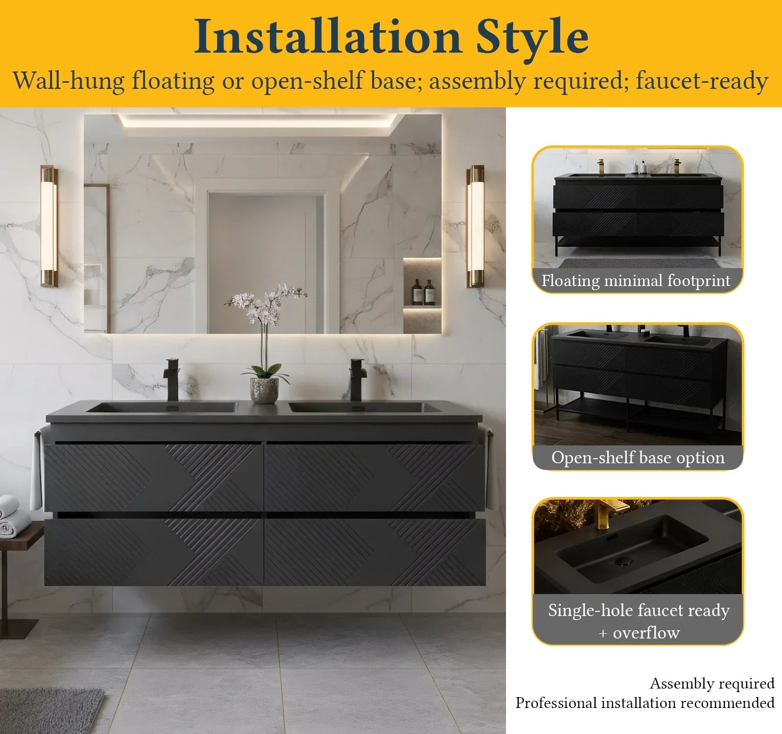 Meuble-lavabo mural noir 60" avec Comptoir en quartz technique noir