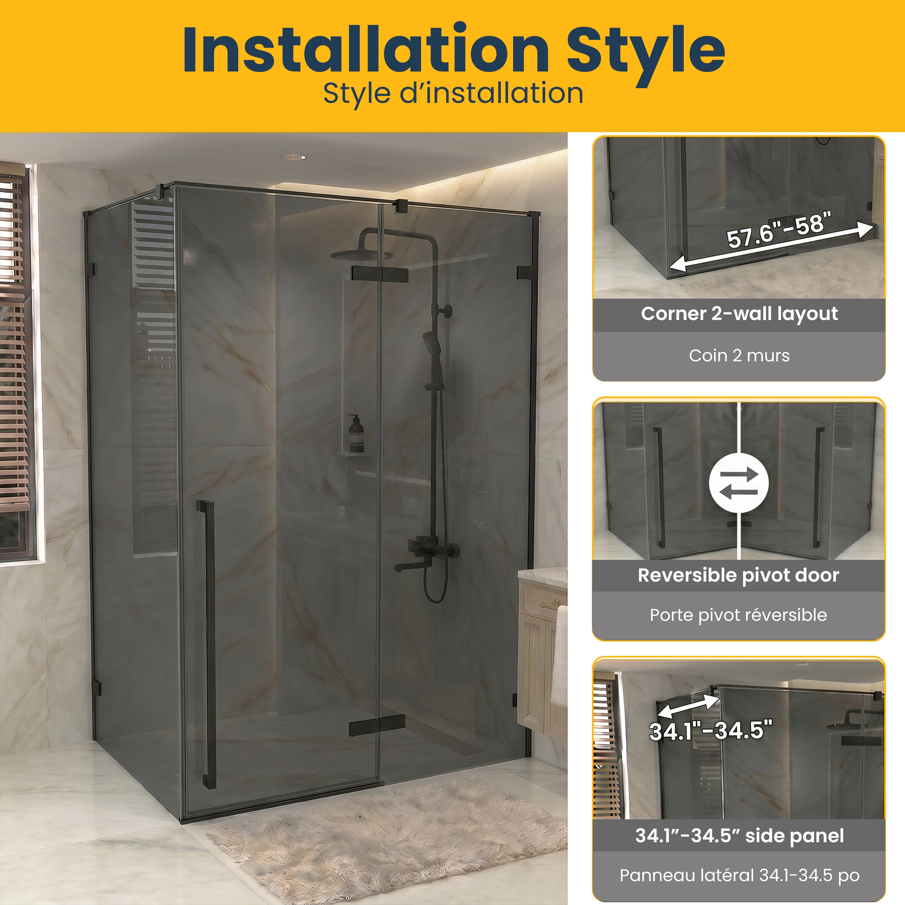57,6po–58po L (largeur ajustable) x 79po H Porte de douche pivotante réversible sans cadre en noir mat avec panneau latéral 34,1po–34,5po en verre teinté noir