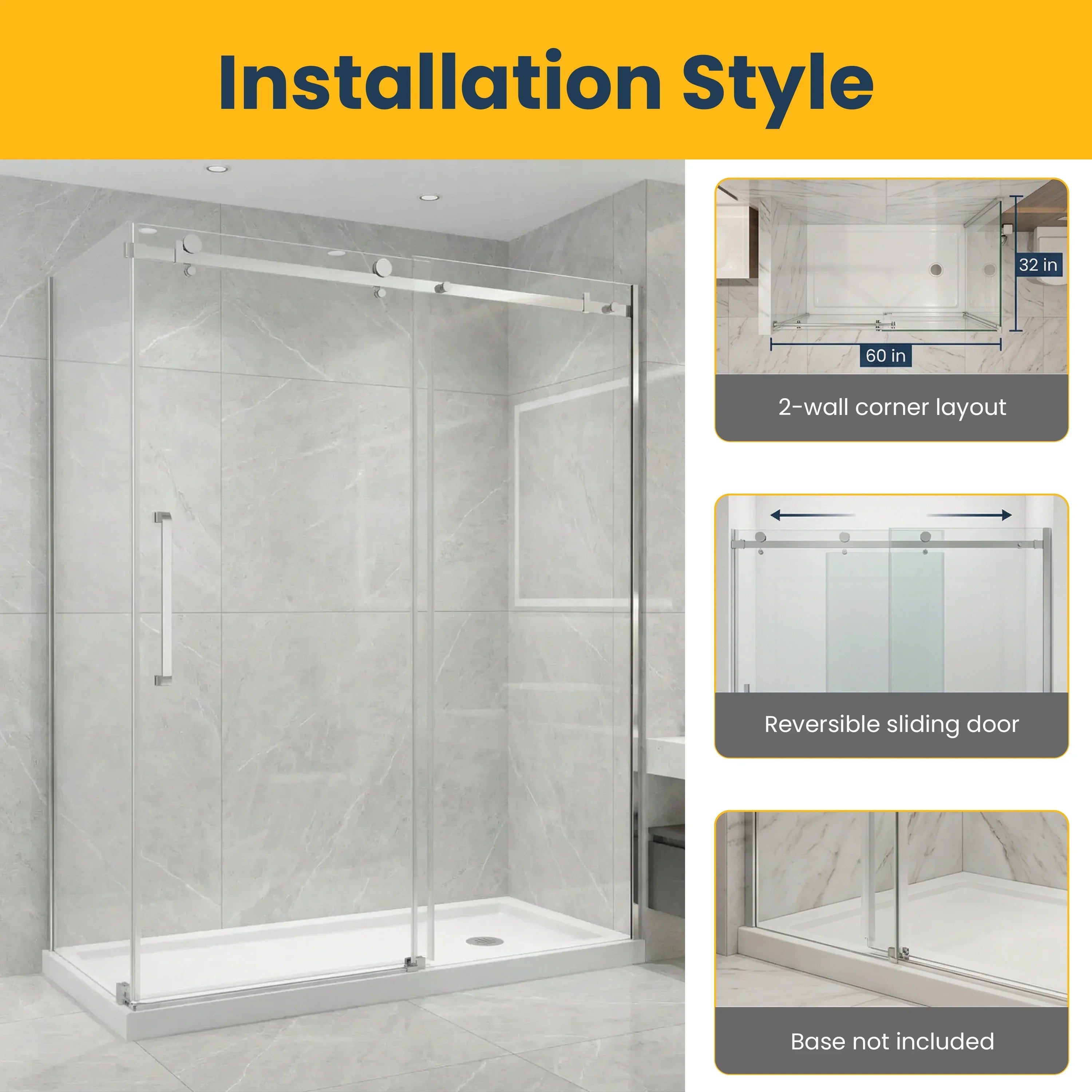 60" x 32" x 75" Chrome Square Hardware Sliding Shower Door Set - 2-Wall Corner Setup