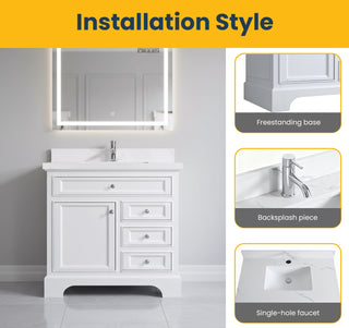 36" White Freestanding Bathroom Vanity with Engineered Calcutta Marble Countertop