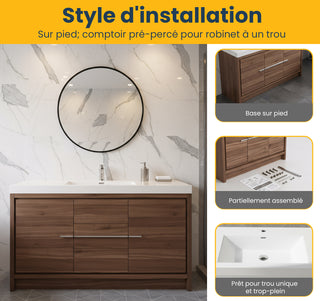 60" Walnut Freestanding Single Sink Bathroom Vanity with White Polymarble Countertop