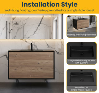 Meuble-Lavabo Mural 36po Noir et Chêne Brut avec Comptoir de Quartz d'ingénierie Noir