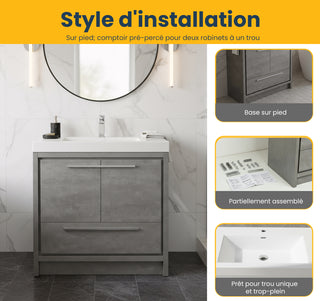 Meuble-Lavabo Autoportant 36po Ciment avec Comptoir de Polymarbre Blanc 