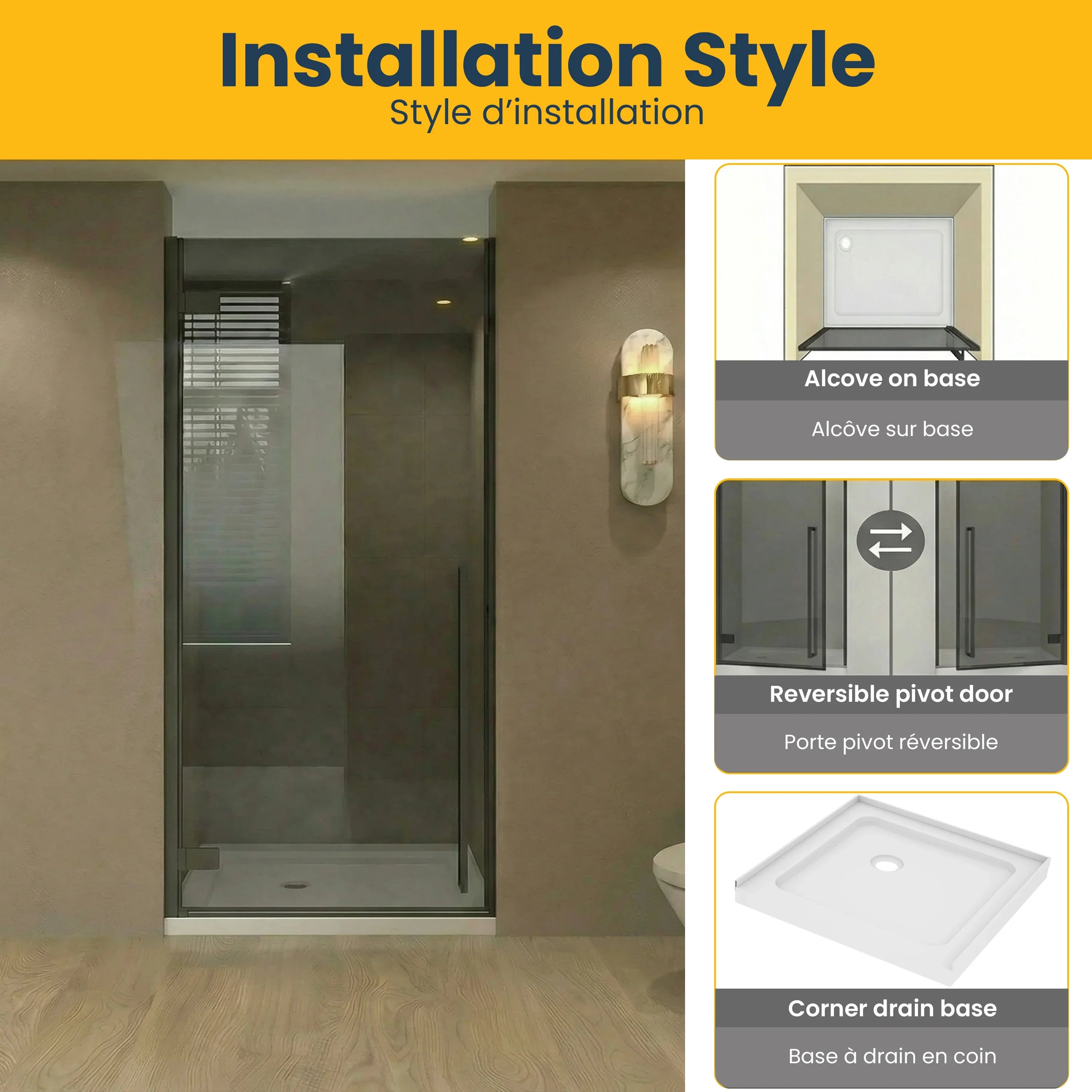 36" x 79" Matte Black Reversible Pivot Shower Door with Black Tinted Glass & 36" White Acrylic Shower Base