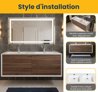 Meuble-lavabo double mural en noyer de 60" avec Comptoir en polymarbre blanc Fleur