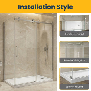 Porte de douche coulissante réversible chromée 60 po x 36 po x 75 po - Verre 10 mm, installation sur deux murs avec panneau latéral de 36 po.