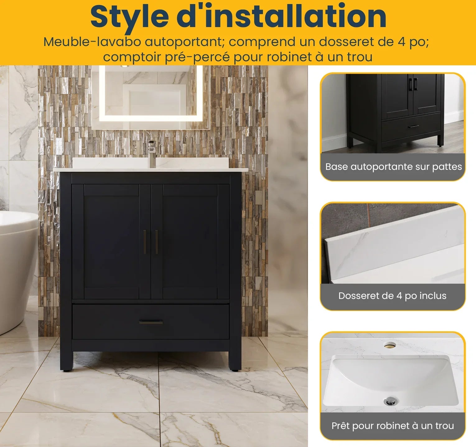 Meuble-lavabo autoportant noir 30" avec Comptoir en marbre Calcutta reconstitué