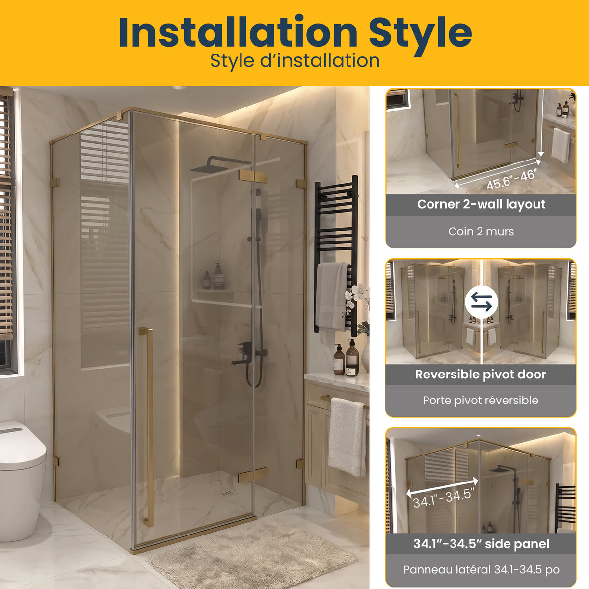45.6"–46" W (Adjustable Width) x 79" H Frameless Reversible Pivot Shower Door in Brushed Gold with Brown Tinted Glass and 34.1"–34.5" Side Panel