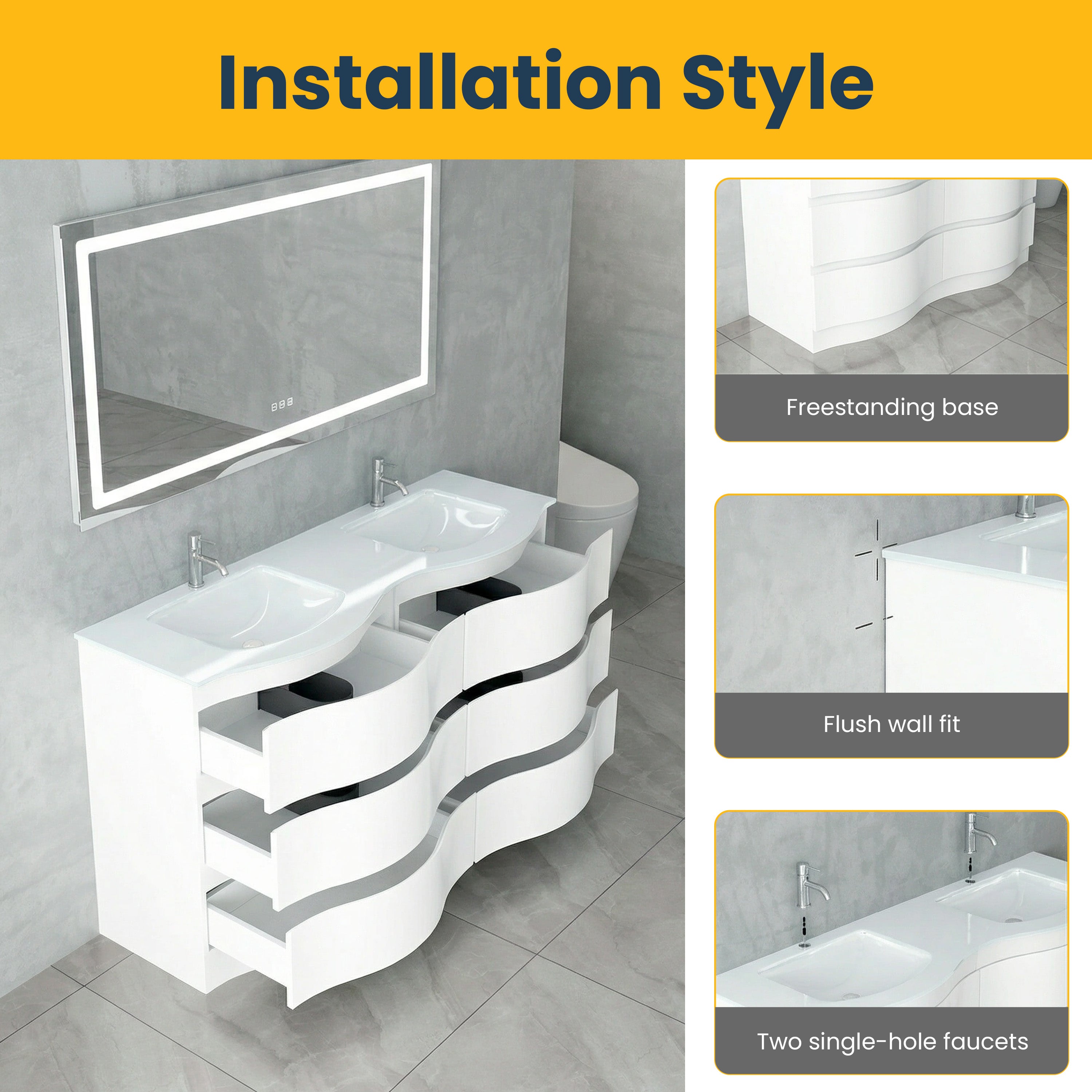 60" Matte White Freestanding Double Sink Bathroom Vanity with White Glass Countertop