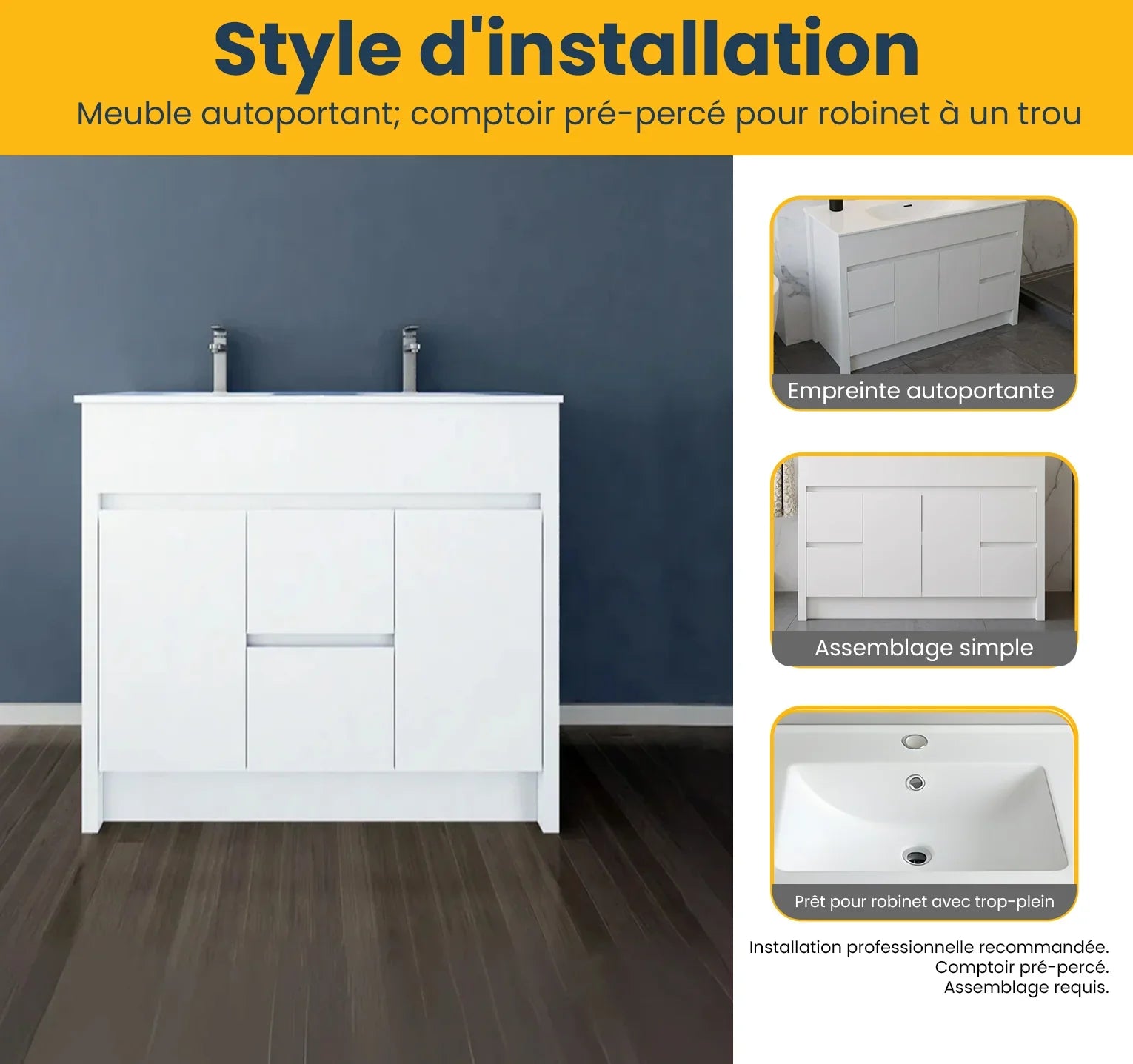Meuble-Lavabo Autoportant 48po Blanc Mat avec Comptoir de Céramique Blanc