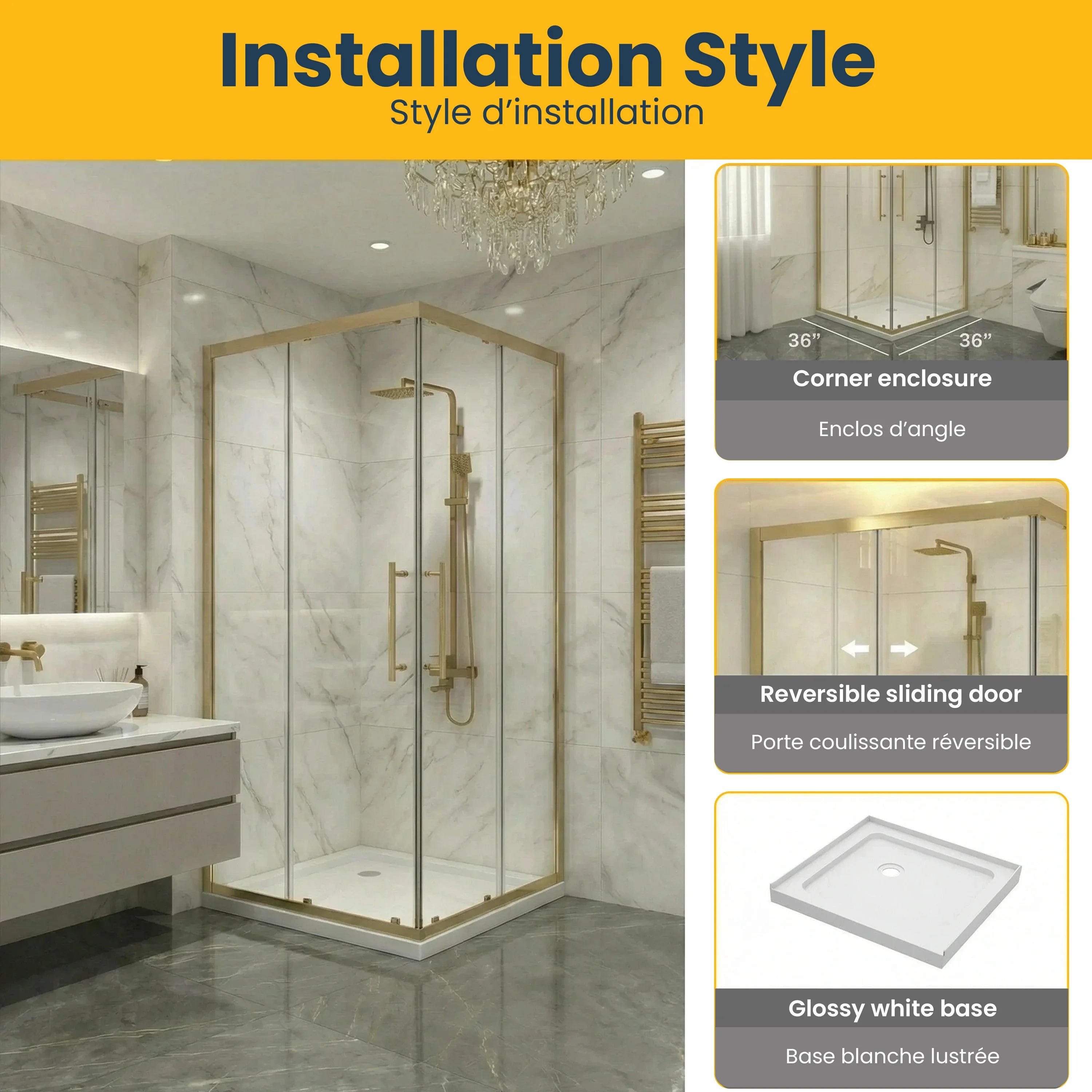 Porte de douche coin coulissante 36po x 36po or brossé avec base acrylique blanche