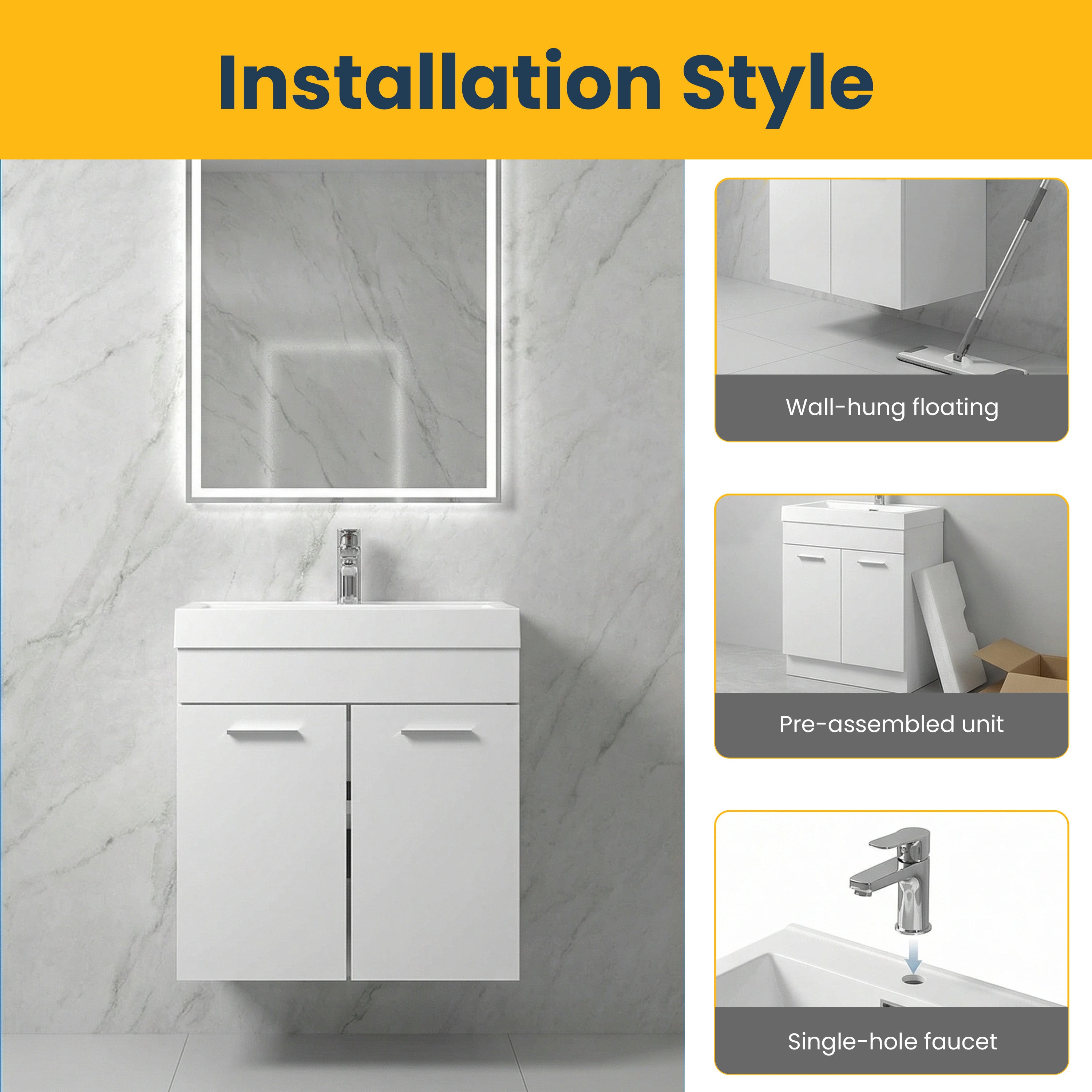 20" White Wall-Mount Single Sink Bathroom Vanity with White Polymarble Countertop