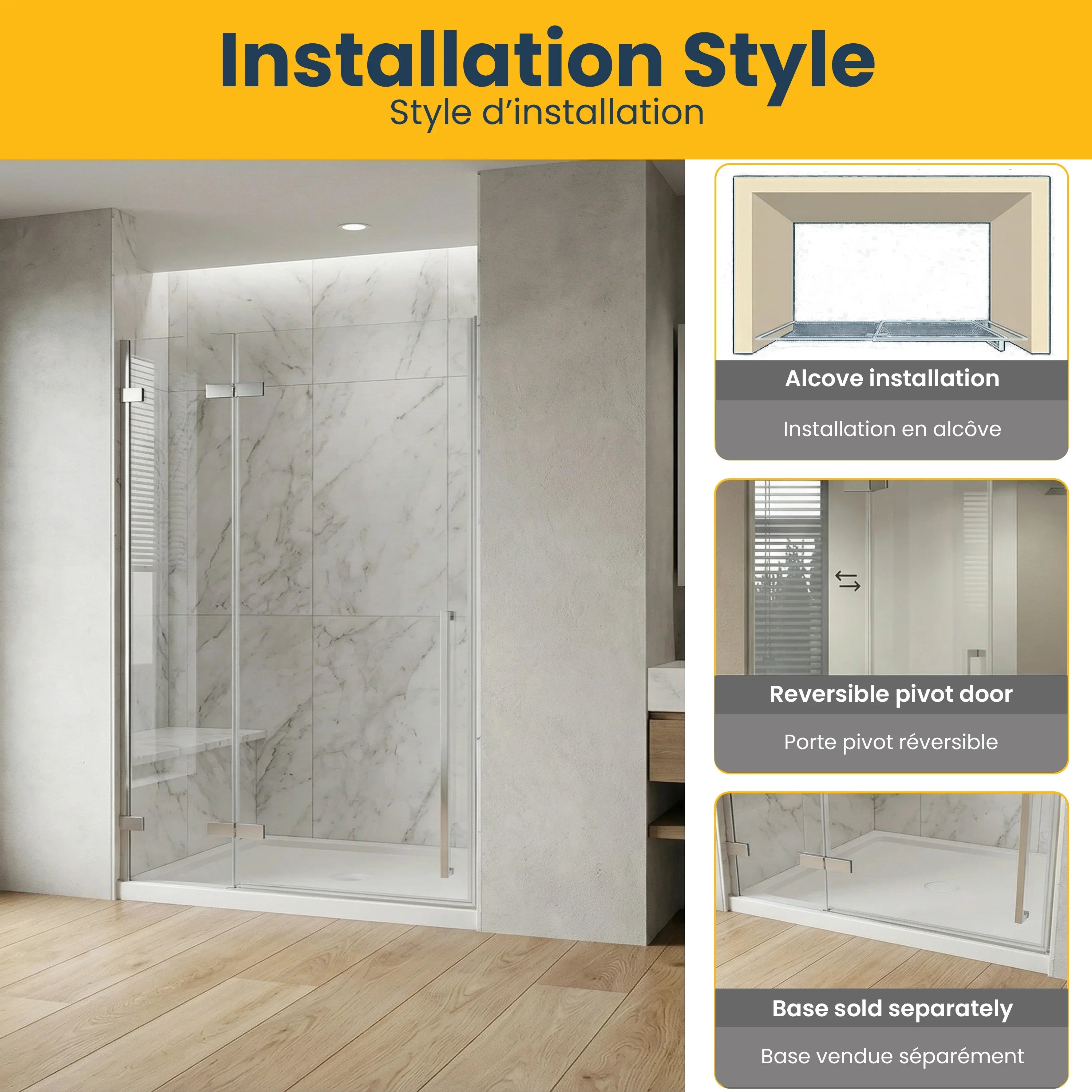 Porte de Douche Pivotante Réversible 60po x 79po en Chrome avec Verre Trempé Clair