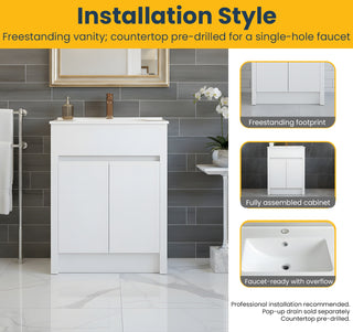 Meuble-Lavabo Autoportant 24po Blanc Mat avec Comptoir de Céramique Blanc